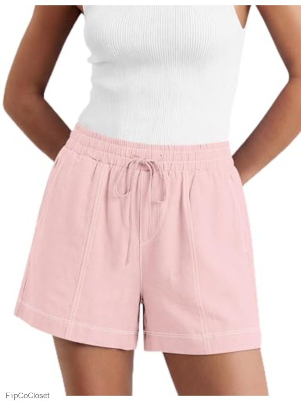 High Rise Linen Shorts with Pockets Elastic Waist Drawstring